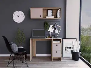 FM FURNITURE Tokyo Office Set, For An Office Or Home Office, 3 Drawers, 1  Shelf, Separated Complement, Modern Desing, Light Oak- Taupe Finish, Particle Board, Pore-Mate Texture, Easy To Assamble.