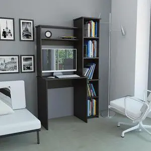 FM FURNITURE Nashville Desk, Bookshelve, For An Office Or Home Office, With 6 Shelves, Black Wengue finish, Particle Board, Easy To Assamble.