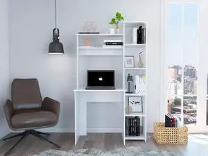 FM FURNITURE Nashville Desk, Bookshelve, For An Office Or Home Office, With 6 Shelves, White finish, Particle Board, Easy To Assamble.