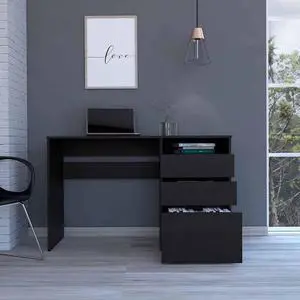 FM FURNITURE Louisiana Computer Desk,  For An Office Or Home Office, With 3 Drawers, And 1 Shelf, Black Wengue Finish, Particle Board, Wood Texture, Easy To Assamble.