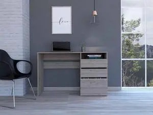 FM FURNITURE Louisiana Computer Desk,  For An Office Or Home Office, With 3 Drawers, And 1 Shelf, Light Gray Finish, Particle Board, Wood Texture, Easy To Assamble.