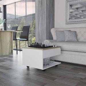 FM FURNITURE Portland Multipurpose Coffee Mobile Table And Liftable Top, With 1 Cabinet, And 4 Casters, Simple And Modern, White - Light Oak Finish, Made Of Particle Board, Easy To Assamble