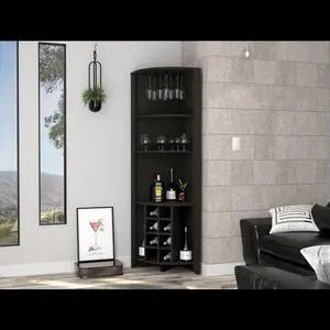 Bouvet Corner Bar Cabinet, Three Shelves, Eight Wine Cubbies, Two Side Shelves