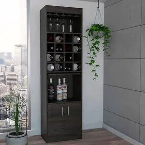 Illinois Bar Cabinet, Six Bottle Cubbies, One Cabinet , Eight Wine Glass Racks, One Open Shelf