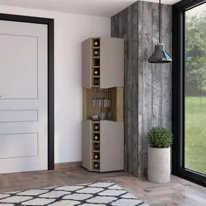 Lyla Corner Bar Cabinet, Ten Wine Cubbies, Four Door Cabinet, Four Interior Shelves