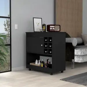 Texas Bar Cart, One Cabinet, Six Bottle Cubbies, Four Casters