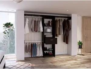 Cross Closet System, One Drawer, Three Metal Rod, Five Open Shelves
