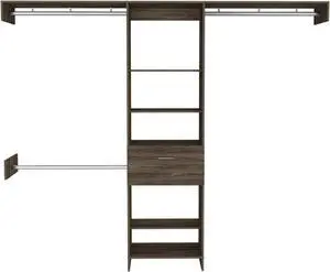 Cross Closet System, One Drawer, Three Metal Rod, Five Open Shelves