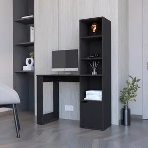 FM FURNITURE Anson Computer Desk with 4-Tier Bookcase and 1-Door Cabinet, Black -Office
