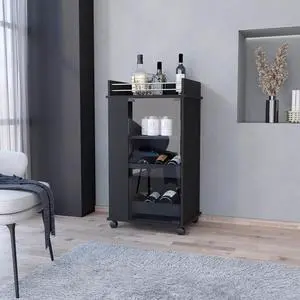 FM FURNITURE Lusk Bar Cart with 2-Bottle Holder Shelf, Glass Door and Casters, Black -Living Room