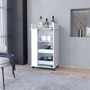 FM FURNITURE Lusk Bar Cart with 2-Bottle Holder Shelf, Glass Door and Casters, White -Living Room