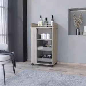 FM FURNITURE Lusk Bar Cart with 2-Bottle Holder Shelf, Glass Door and Casters, Light Gray -Living Room