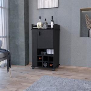 FM FURNITURE Farson Bar Cart with 2-Side Shelf, 6-Built In Wine Rack and Casters, Black -Living Room