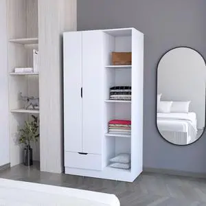 FM FURNITURE Redmond Armoire with Single Drawer, 4 Storage Shelves and Hanging Rod, White -Bedroom