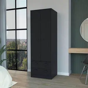 FM FURNITURE Denton Armoire with 2-Drawers and Hanging Rod, Black -Bedroom