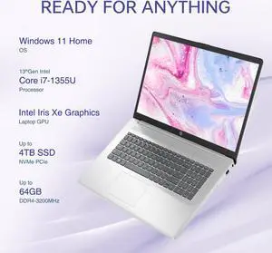 HP Essential 17t Reliable Multitasking Daily Laptop, 17.3" FHD 1920*1080, Intel Core i7-1355U, 16GB RAM, 1TB PCIe M.2 SSD, Fingerprint Reader, Wi-Fi 6, Backlit Keyboard, Windows 11 Home, Silver