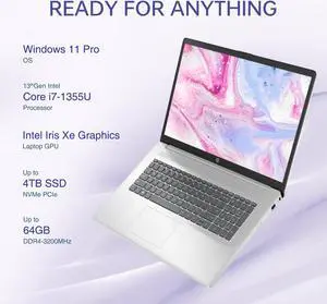 HP 17t Business-Class Mobility Laptop, 17.3" FHD, Intel Core i7-1355U, 32GB RAM, 2TB SSD, Fingerprint Reader, HDMI, SuperSpeed USB, Wi-Fi 6, Backlit Keyboard, Windows 11 Pro, Silver
