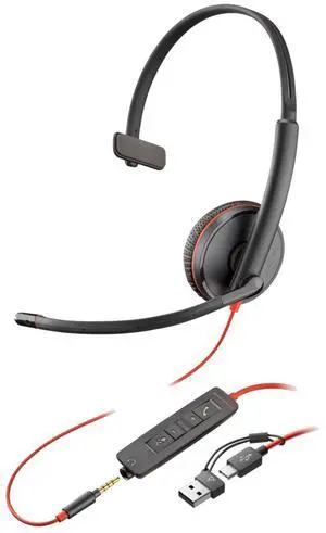 Poly Blackwire 3215 Monaural USB-C Headset, Over-Ear USB-A HS TAA Compliant, Supra-aural, 3.5mm Plug, Black