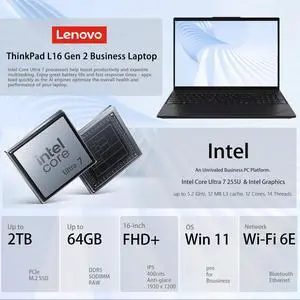 Lenovo ThinkPad L16 Gen 2 Business Laptop, 16" FHD+, Intel Core Ultra 7 255U, 64GB DDR5, 1TB SSD, Fingerprint, Backlit, Wi-Fi 6E, AI-Optimized, Durable Design, Long Battery Life, Win 11 Pro, w/Bundle Lenovo ThinkPad L16 Gen 2 Business Laptop, 16" FHD+, Intel Core Ultra 7 255U, 64GB DDR5, 1TB SSD, Fingerprint, Backlit, Wi-Fi 6E, AI-Optimized, Durable Design, Long Battery Life, Win 11 Pro, w/Bundle