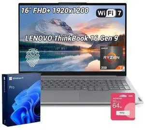 Lenovo ThinkBook 16 Gen 9 Business Laptop, 16" FHD+ Display, AMD Ryzen 7 250, 64GB DDR5 RAM, 4TB PCIe M.2 SSD, Wi-Fi 7, Windows 11 Pro, Grey, w/Bundle Lenovo ThinkBook 16 Gen 9 Business Laptop, 16" FHD+ Display, AMD Ryzen 7 250, 64GB DDR5 RAM, 4TB PCIe M.2 SSD, Wi-Fi 7, Windows 11 Pro, Grey, w/Bundle