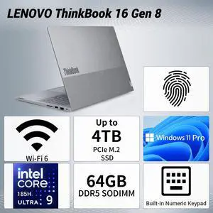 Lenovo ThinkBook 16 Gen 8 Business Laptop, 16" FHD+ Screen, Intel Core Ultra 9 185H, 64GB DDR5 RAM, 4TB SSD, Wi-Fi 6, Windows 11 Pro, Wireless Mouse Grey Lenovo ThinkBook 16 Gen 8 Business Laptop, 16" FHD+ Screen, Intel Core Ultra 9 185H, 64GB DDR5 RAM, 4TB SSD, Wi-Fi 6, Windows 11 Pro, Wireless Mouse Grey