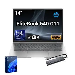 HP EliteBook 640 G11 Business Laptop, 14" FHD+ Display, Intel Core Ultra 7 165U, 16GB DDR5 RAM, 512GB SSD, 5MP IR Camera, Thunderbolt 4, Wi-Fi 6, Windows 11 Pro, Silver, w/Bundle HP EliteBook 640 G11 Business Laptop, 14" FHD+ Display, Intel Core Ultra 7 165U, 16GB DDR5 RAM, 512GB SSD, 5MP IR Camera, Thunderbolt 4, Wi-Fi 6, Windows 11 Pro, Silver, w/Bundle