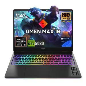 HP Omen MAX Gaming Laptop, 16" WQXGA 240Hz Display, AMD Ryzen AI 9 HX 375, NVIDIA GeForce RTX 5080, 16GB DDR5 RAM, 1TB SSD, Per Key RGB, Wi-Fi 7, Omen Tempest Cooling Pro, Win11 Home, Black HP Omen MAX Gaming Laptop, 16" WQXGA 240Hz Display, AMD Ryzen AI 9 HX 375, NVIDIA GeForce RTX 5080, 16GB DDR5 RAM, 1TB SSD, Per Key RGB, Wi-Fi 7, Omen Tempest Cooling Pro, Win11 Home, Black