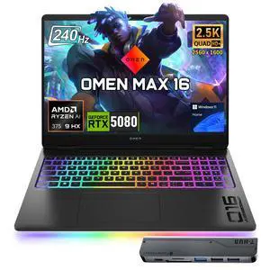HP Omen MAX 16" WQXGA 240Hz Gaming Laptop, AMD Ryzen AI 9 HX 375, NVIDIA RTX 5080, 16GB DDR5 RAM, 1TB SSD, Per Key RGB, Wi-Fi 7, Omen Tempest Cooling Pro, Win11 Home, Black, w/Bundle HP Omen MAX 16" WQXGA 240Hz Gaming Laptop, AMD Ryzen AI 9 HX 375, NVIDIA RTX 5080, 16GB DDR5 RAM, 1TB SSD, Per Key RGB, Wi-Fi 7, Omen Tempest Cooling Pro, Win11 Home, Black, w/Bundle