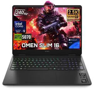 HP Omen Slim 16 Gaming Laptop, 16" WQXGA 240Hz Screen, Intel Core Ultra 9 285H, NVIDIA GeForce RTX 5070, 16GB DDR5 RAM, 1TB SSD, RGB Backlit Keyboard, Wi-Fi 6, Windows 11 Home, Black HP Omen Slim 16 Gaming Laptop, 16" WQXGA 240Hz Screen, Intel Core Ultra 9 285H, NVIDIA GeForce RTX 5070, 16GB DDR5 RAM, 1TB SSD, RGB Backlit Keyboard, Wi-Fi 6, Windows 11 Home, Black
