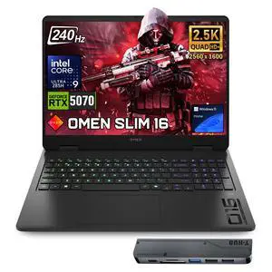 HP Omen Slim 16 Gaming Laptop, 16" WQXGA 240Hz Screen, Intel Core Ultra 9 285H, NVIDIA GeForce RTX 5070, 16GB DDR5 RAM, 1TB SSD, RGB Backlit Keyboard, Wi-Fi 6, Windows 11 Home, Black, w/Bundle HP Omen Slim 16 Gaming Laptop, 16" WQXGA 240Hz Screen, Intel Core Ultra 9 285H, NVIDIA GeForce RTX 5070, 16GB DDR5 RAM, 1TB SSD, RGB Backlit Keyboard, Wi-Fi 6, Windows 11 Home, Black, w/Bundle