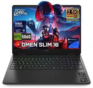 HP Omen Slim 16 QHD+240Hz Gaming Laptop, Intel Core Ultra 9 285H, NVIDIA GeForce RTX 5060, 16GB DDR5 RAM, 512GB SSD, RGB Backlit Keyboard, Wi-Fi 6, Windows 11 Home, Black HP Omen Slim 16 QHD+240Hz Gaming Laptop, Intel Core Ultra 9 285H, NVIDIA GeForce RTX 5060, 16GB DDR5 RAM, 512GB SSD, RGB Backlit Keyboard, Wi-Fi 6, Windows 11 Home, Black