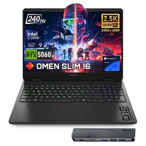 HP Omen Slim 16 QHD+240Hz Gaming Laptop, Intel Core Ultra 9 285H, NVIDIA GeForce RTX 5060, 16GB DDR5 RAM, 512GB SSD, RGB Backlit Keyboard, Wi-Fi 6, Windows 11 Home, Black, w/Bundle HP Omen Slim 16 QHD+240Hz Gaming Laptop, Intel Core Ultra 9 285H, NVIDIA GeForce RTX 5060, 16GB DDR5 RAM, 512GB SSD, RGB Backlit Keyboard, Wi-Fi 6, Windows 11 Home, Black, w/Bundle