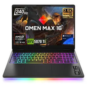HP Omen MAX 16 Gaming Laptop, 16" WQXGA 240Hz 500nits Screen, AMD Ryzen AI 9 HX 375, NVIDIA GeForce RTX 5070 Ti, 16GB DDR5 RAM, 1TB SSD, Per-Key RGB Backlit KB, Wi-Fi 7, Windows 11 Home, Black HP Omen MAX 16 Gaming Laptop, 16" WQXGA 240Hz 500nits Screen, AMD Ryzen AI 9 HX 375, NVIDIA GeForce RTX 5070 Ti, 16GB DDR5 RAM, 1TB SSD, Per-Key RGB Backlit KB, Wi-Fi 7, Windows 11 Home, Black