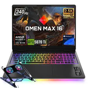 HP Omen MAX 16 Gaming Laptop, 16" WQXGA 240Hz 500nits Screen, AMD Ryzen AI 9 HX 375, NVIDIA RTX 5070 Ti, 16GB DDR5 RAM, 1TB SSD, Per-Key RGB Backlit KB, Wi-Fi 7, Win11 Home, Black, w/Bundle HP Omen MAX 16 Gaming Laptop, 16" WQXGA 240Hz 500nits Screen, AMD Ryzen AI 9 HX 375, NVIDIA RTX 5070 Ti, 16GB DDR5 RAM, 1TB SSD, Per-Key RGB Backlit KB, Wi-Fi 7, Win11 Home, Black, w/Bundle
