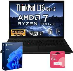 Lenovo ThinkPad L16 Gen 2 Business Laptop, 16" FHD+ Touchscreen, AMD Ryzen 7 Pro 250, 64GB DDR5 RAM, 2TB SSD, Wi-Fi 7, Windows 11 Pro, Backlit Keyboard, Fingerprint Reader, Black Lenovo ThinkPad L16 Gen 2 Business Laptop, 16" FHD+ Touchscreen, AMD Ryzen 7 Pro 250, 64GB DDR5 RAM, 2TB SSD, Wi-Fi 7, Windows 11 Pro, Backlit Keyboard, Fingerprint Reader, Black