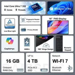 Lenovo ThinkPad T16 Gen 5 Business AI Laptop, 16" FHD+, Intel Core Ultra 7 355, 16GB RAM, 512GB SSD, Wi-Fi 7, Windows 11 Pro, Black Lenovo ThinkPad T16 Gen 5 Business AI Laptop, 16" FHD+, Intel Core Ultra 7 355, 16GB RAM, 512GB SSD, Wi-Fi 7, Windows 11 Pro, Black