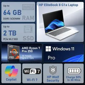 HP EliteBook 8 G1a Business Laptop, 14" FHD+, AMD Ryzen 7 Pro 250, 16GB DDR5 RAM, 512GB SSD, Wi-Fi 7, Windows 11 Pro, Silver HP EliteBook 8 G1a Business Laptop, 14" FHD+, AMD Ryzen 7 Pro 250, 16GB DDR5 RAM, 512GB SSD, Wi-Fi 7, Windows 11 Pro, Silver