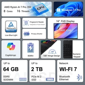 Lenovo ThinkPad T16 Gen 4 Business AI Laptop, 16" FHD+, AMD Ryzen AI 7 Pro 350, 16GB DDR5 RAM, 512GB SSD, Wi-Fi 7, Windows 11 Pro, Black Lenovo ThinkPad T16 Gen 4 Business AI Laptop, 16" FHD+, AMD Ryzen AI 7 Pro 350, 16GB DDR5 RAM, 512GB SSD, Wi-Fi 7, Windows 11 Pro, Black