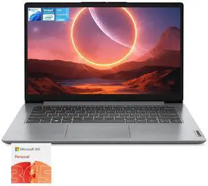 Lenovo IdeaPad 1 Everyday Laptop, 14" HD Display, 4GB RAM, 384GB Storage(128GB eMMC + 256GB PCIe), 1 Yr Office 365 Included, Intel Core Processor, SD Card Reader, HDMI, Wi-Fi 6, Win 11 Home, Grey