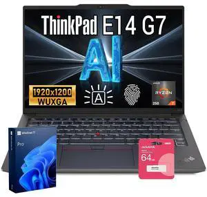 LENOVO ThinkPad E14 Gen 7 Business Laptop, 14" FHD+, AMD Ryzen 7 250, 12GB RAM, 512GB SSD, Wi-Fi 6, Backlit Keyboard, Windows 11 Pro, Black LENOVO ThinkPad E14 Gen 7 Business Laptop, 14" FHD+, AMD Ryzen 7 250, 12GB RAM, 512GB SSD, Wi-Fi 6, Backlit Keyboard, Windows 11 Pro, Black