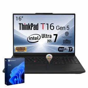 Lenovo ThinkPad T16 Gen 5 Business AI Laptop, 16" FHD+, Intel Core Ultra 7 355, 16GB RAM, 512GB SSD, Wi-Fi 7, Windows 11 Pro, Black Lenovo ThinkPad T16 Gen 5 Business AI Laptop, 16" FHD+, Intel Core Ultra 7 355, 16GB RAM, 512GB SSD, Wi-Fi 7, Windows 11 Pro, Black