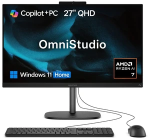 HP OmniStudio 27-cw0100m Premium All-in-One, 27" QHD, AMD Ryzen AI 7 450, 16GB DDR5 RAM, 512GB SSD, Wi-Fi 6, Windows 11 Home, Wired Keyboard & Wired Mouse, Webcam, Copilot+ PC, Black