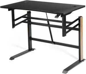 Pneumatic Height Adjustable Gaming Desk T Shaped Game Station with Power Strip Tray-Black