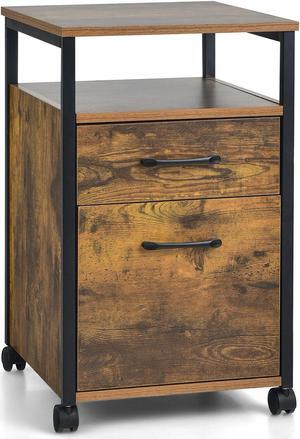 2 Drawer Mobile File Cabinet Printer Stand with Open Shelf for Letter Size-Rustic Brown