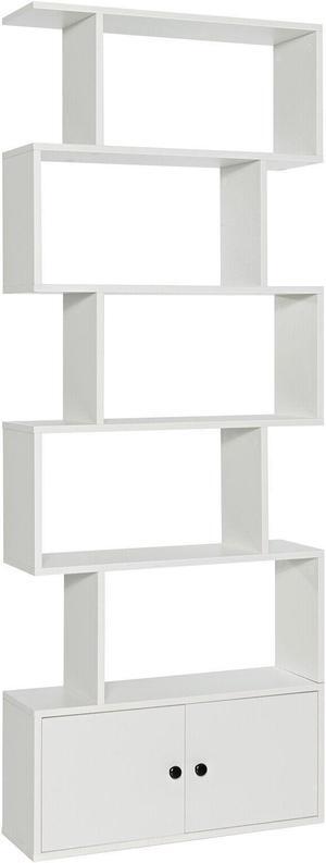 6-Tier S-Shaped Freestanding Bookshelf with Cabinet and Doors-White