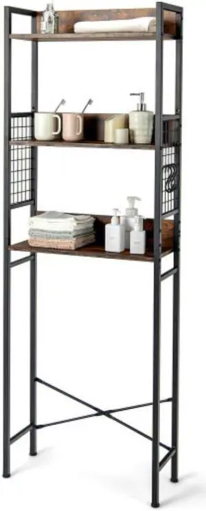 3-Tier Over-the-Toilet Storage Rack with 3 Hooks-Rustic Brown