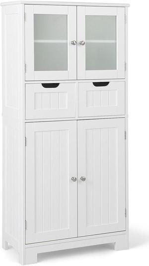 3 Tier Freee-Standing Bathroom Cabinet with 2 Drawers and Glass Doors-White