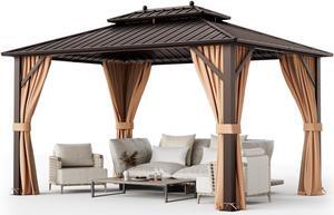 10x13ft Double-Roof Patio Hardtop Gazebo with Galvanized Steel Roof Netting and Curtains-Coffee