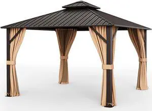 12 x 12 Feet Double-Roof Patio Hardtop Gazebo with Galvanized Steel Roof Netting and Curtains-Coffee
