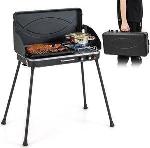 2-in-1 Gas Camping Grill and Stove with Detachable Legs-Black